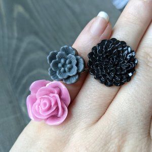 Floral Resin Rings Set of 3 - Grey Cherry Blossom, Black Mum, Lavender Rose